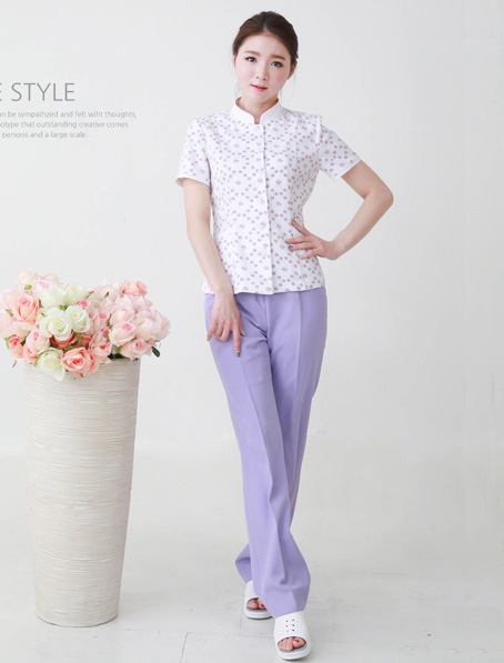 重庆定制立领短袖夏季护士服,粉色印花护士工作服套装