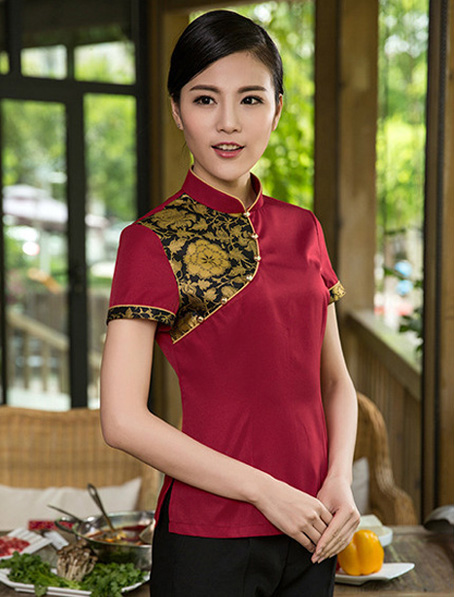 重庆定做短袖餐饮工作服,订做设计中式立领餐饮服装